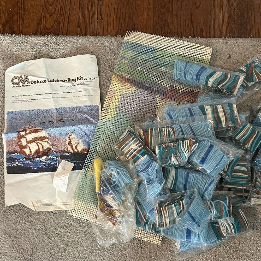 Vintage 1980 Columbia Minerva Latch Hook Rug Kit Ocean Sail Boats Sea Gulls NWOT